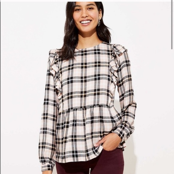 LOFT Tops - Loft • Pink and black ruffle plaid top
